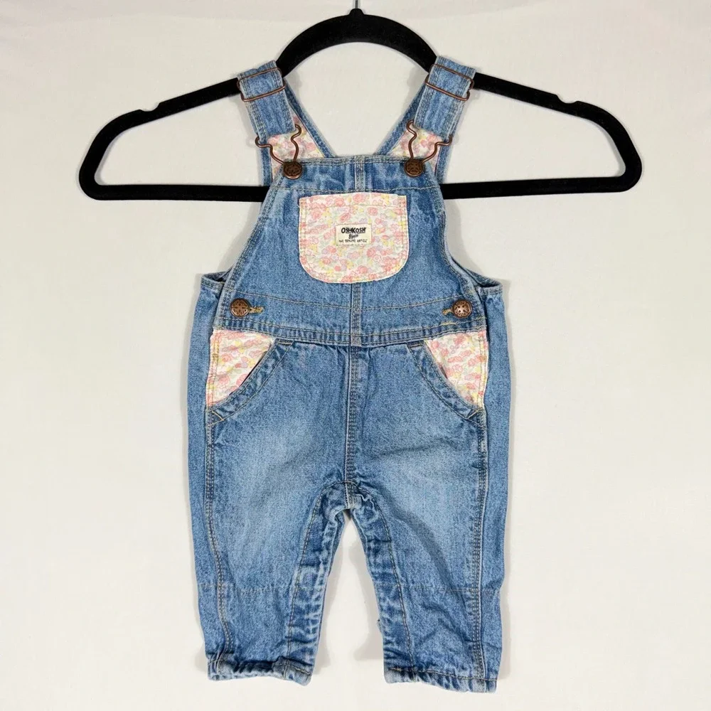 OshKosh Bgosh Baby Girl Floral Denim Overalls 3M Pink Blue Vestbank Bib RARE HTF